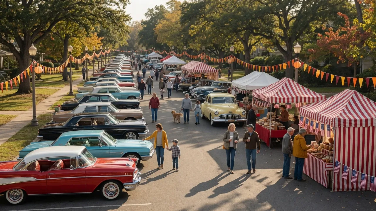Classic cars lined up along Easton Road in Roslyn during a fall festival, with families strolling between vintage automobiles and red-and-white vendor tents under mature shade trees in warm September afternoon light