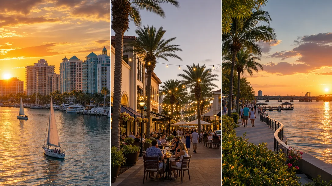 Three vibrant downtown districts in Southwest Florida at golden hour — Sarasota's bayfront marina, Lakewood Ranch Main Street, and Bradenton's Riverwalk