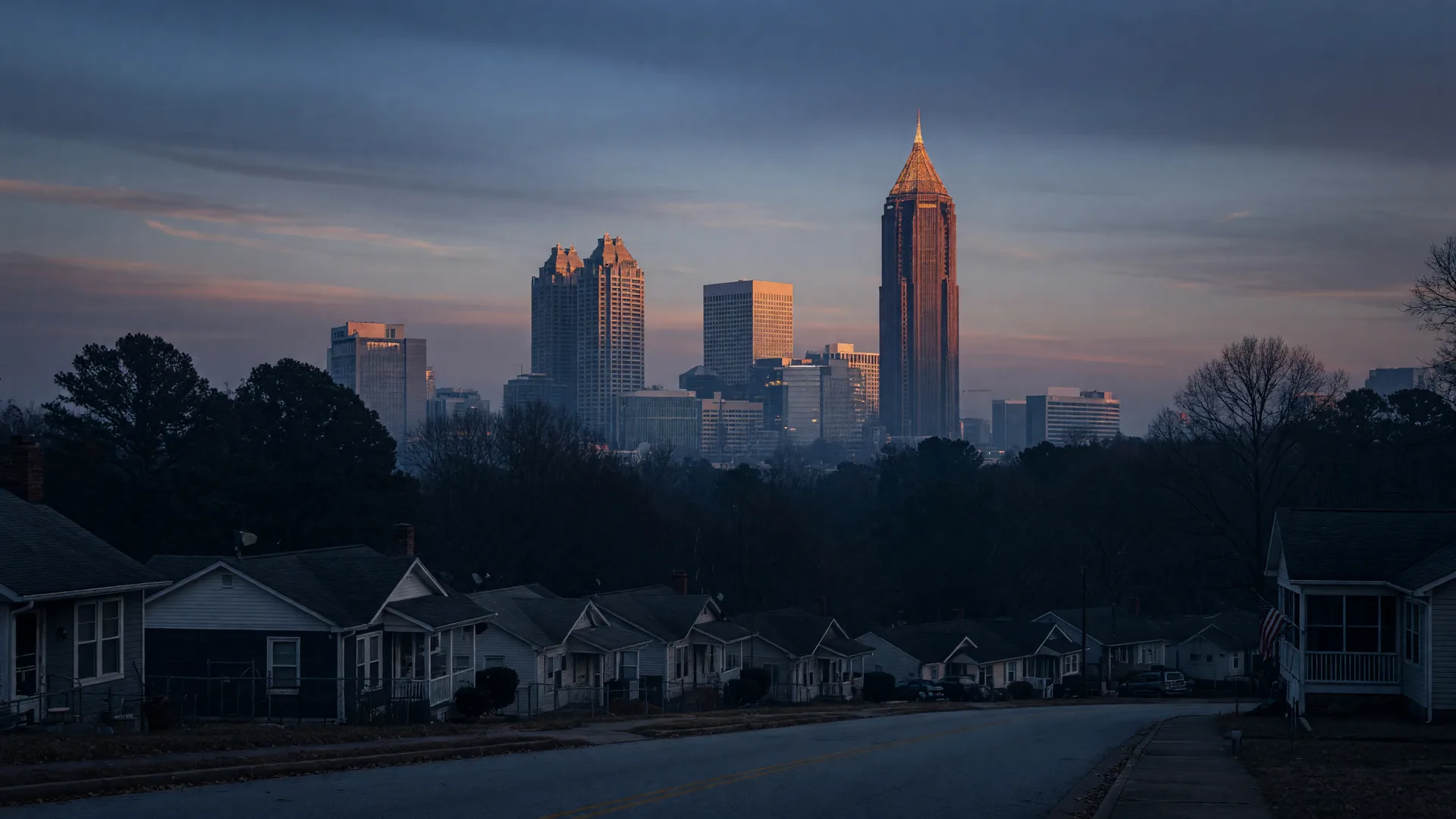 Downtown Atlanta skyline at dusk, viewed from the west over tree-lined streets