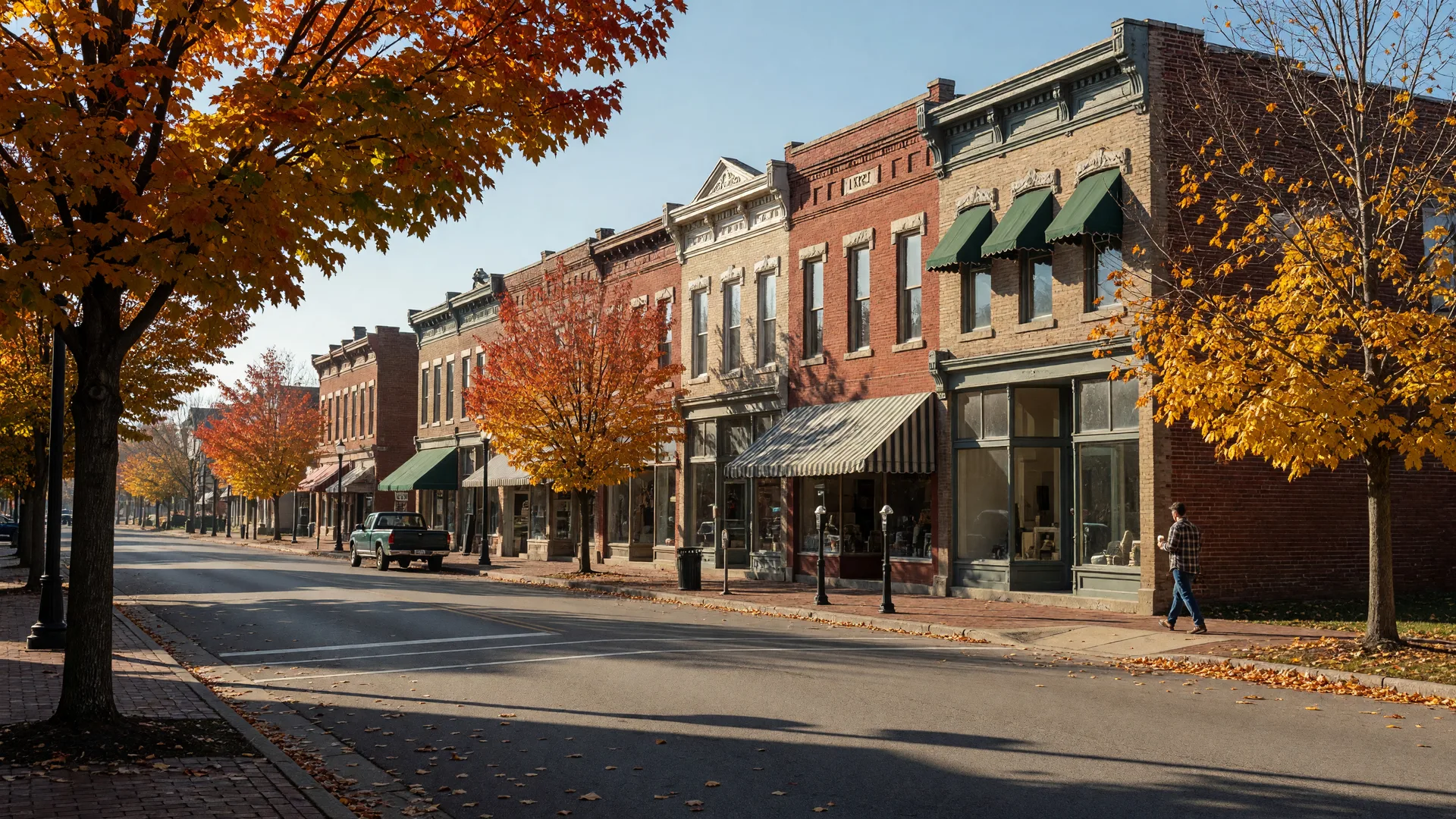 Historic downtown Nicholasville Kentucky main street with brick storefronts and autumn trees