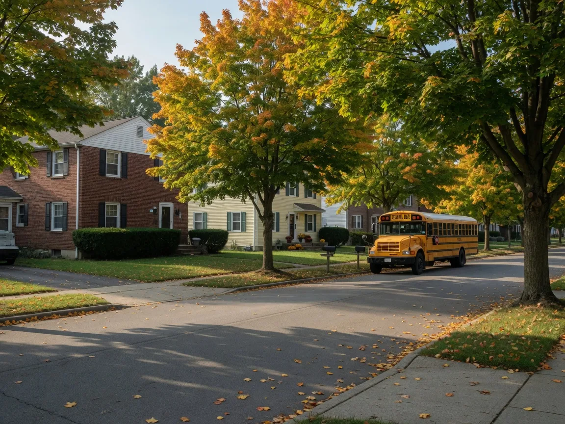 A quiet, tree-lined street on a late-September school morning with a yellow school bus parked at the curb and early autumn color in the maples