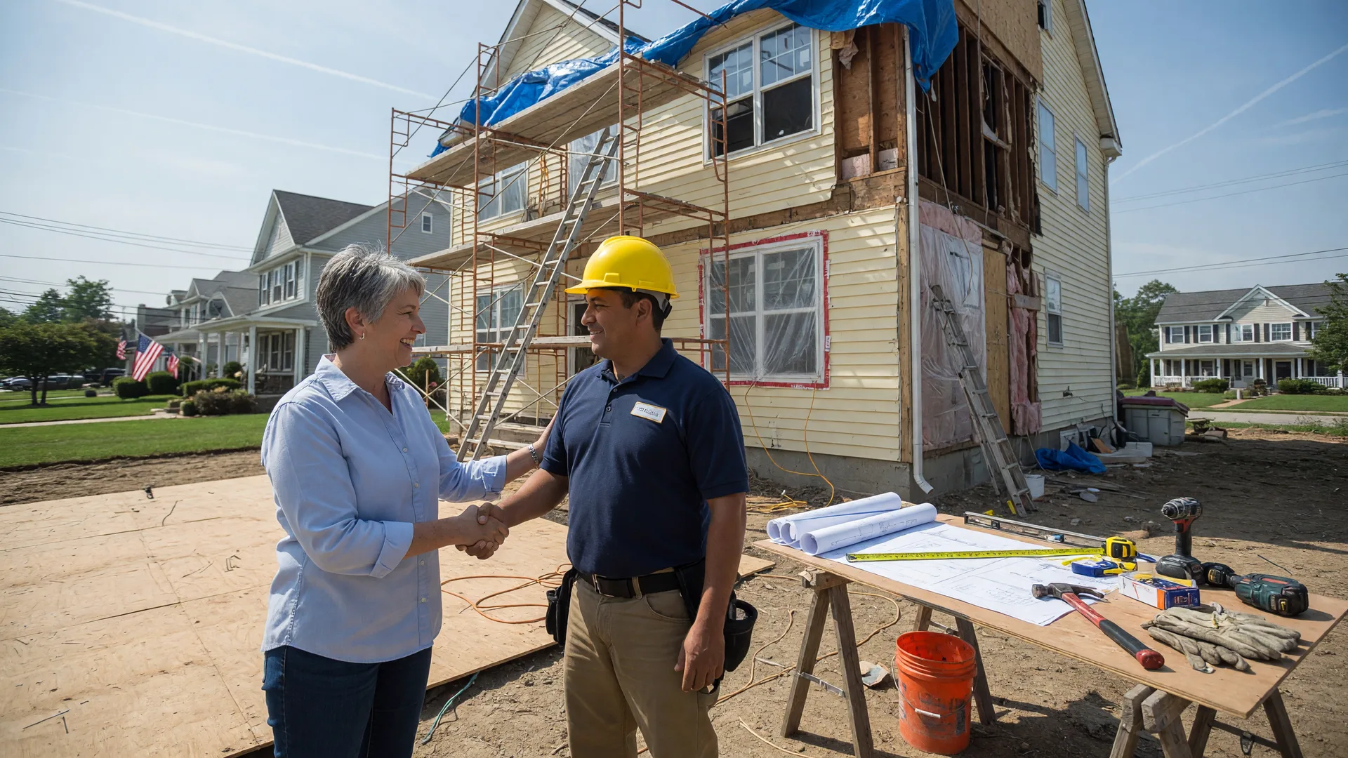 Homeowner and contractor shaking hands on a residential construction site in South Jersey