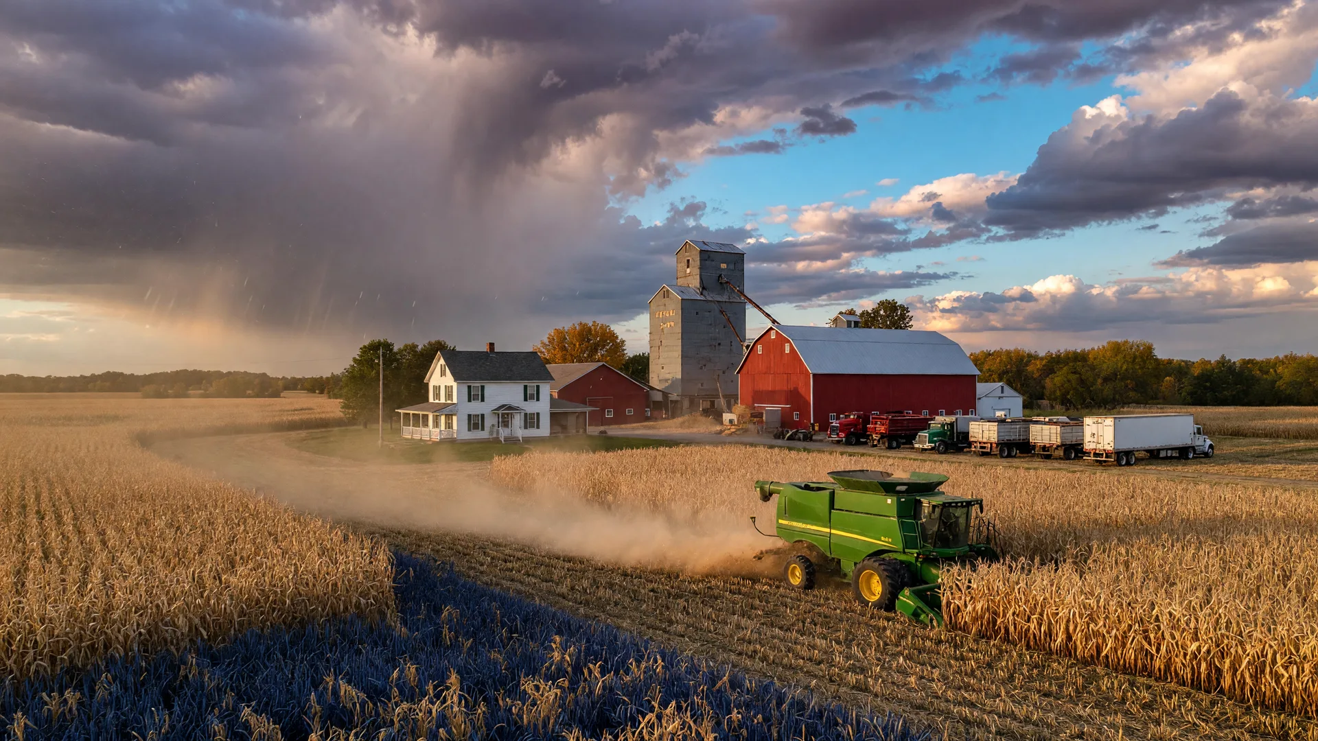 Cinematic wide view of a Wisconsin farm in late-September harvest, with a combine working a golden cornfield in the foreground, a white farmhouse and red barn beside a country grain elevator with trucks in the distance, and storm clouds breaking up to reveal clear blue sky