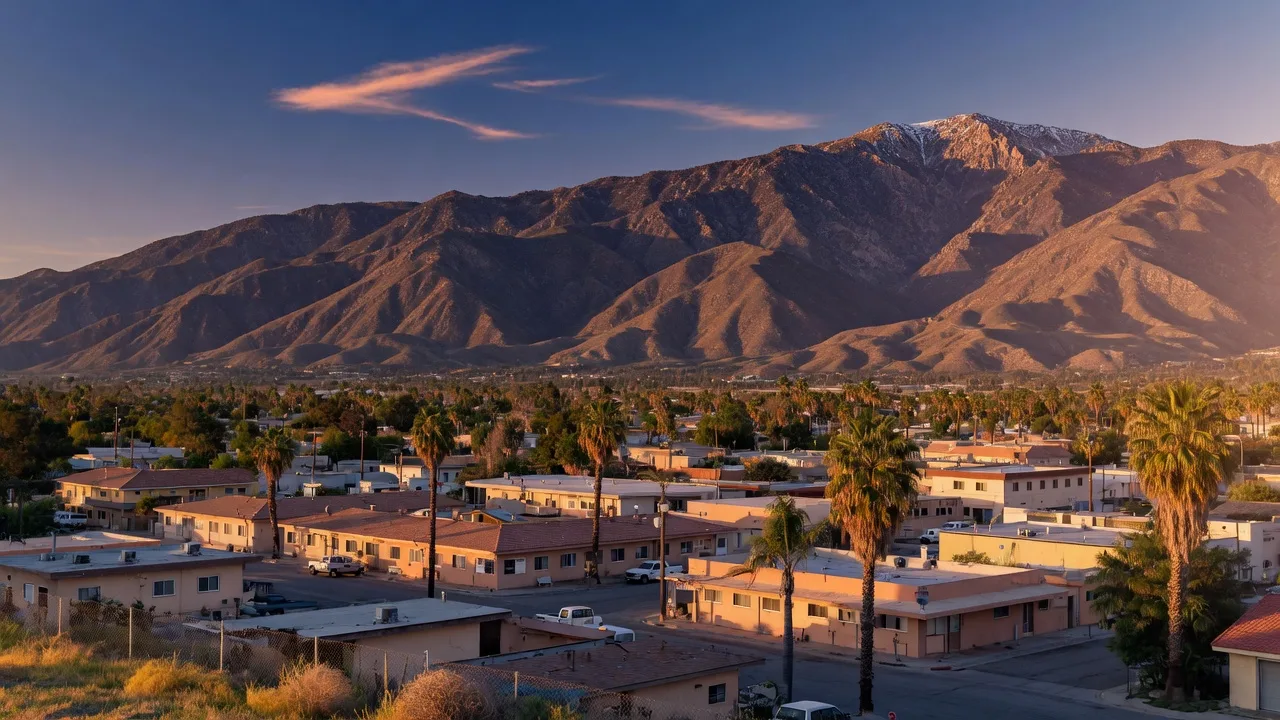Golden-hour view across the town of Banning, California, with stucco rooftops, palm trees, and the San Bernardino Mountains behind