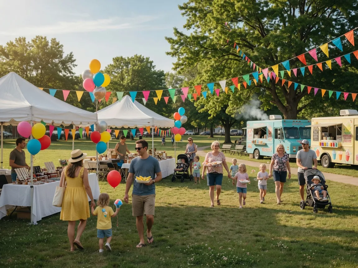 Community gathering in a park with vendor tents and families on a sunny day