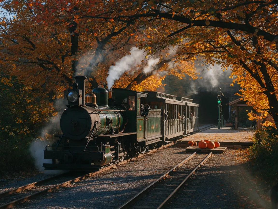 Vintage narrow-gauge steam locomotive pulling open passenger cars through golden autumn woods with white steam drifting through orange and yellow leaves