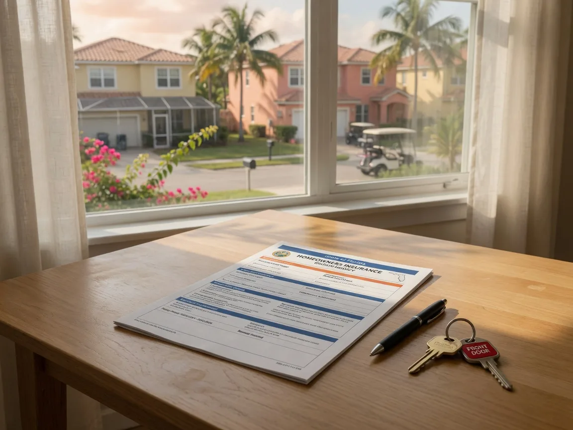 Homeowners insurance policy document with house key on a desk in Florida