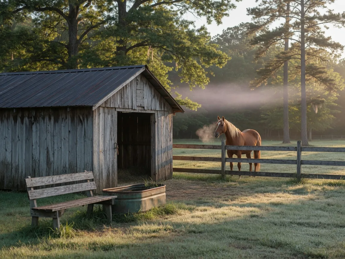 Morning light on a weathered timber run-in shed and water trough with a chestnut horse at the fence line on an Aiken horse property