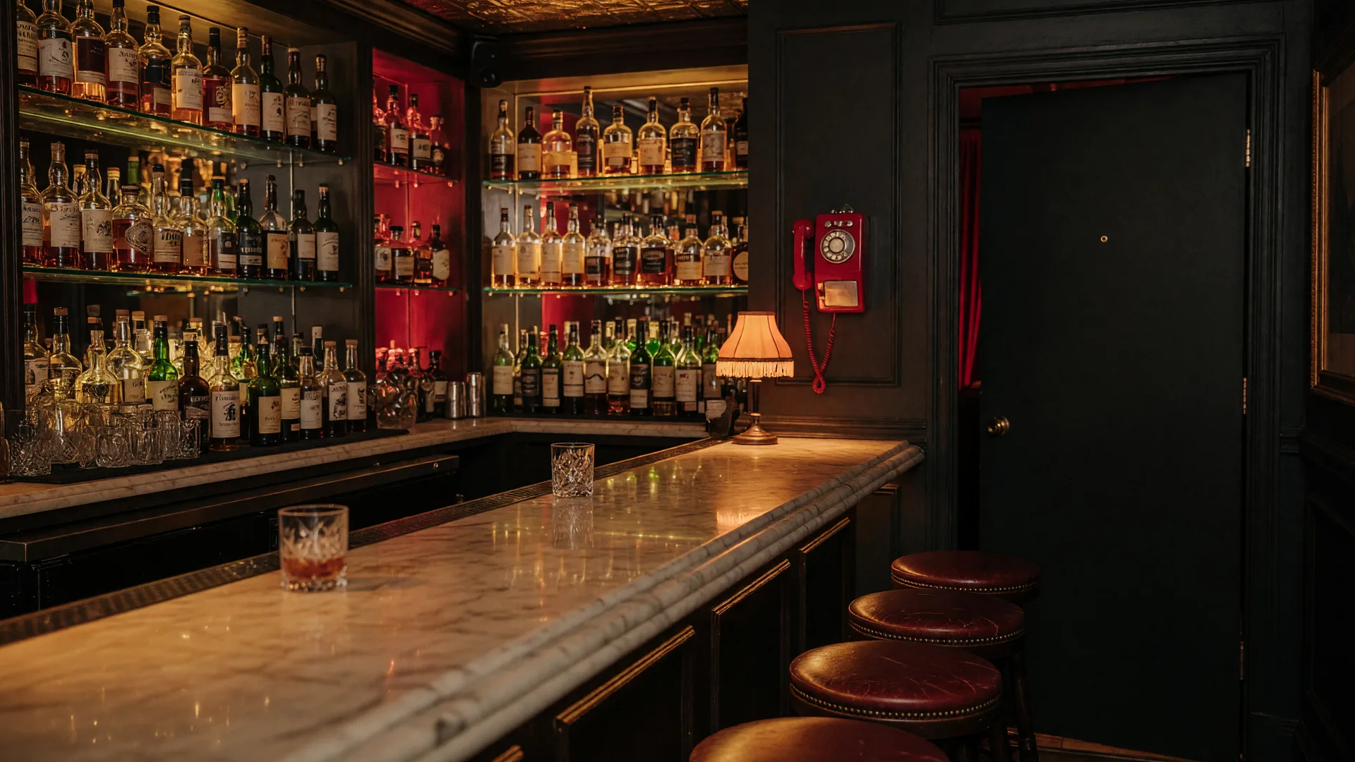 A hidden speakeasy bar in Pasadena at night with warm amber light, a marble bar, whiskey shelves, and a phone booth door