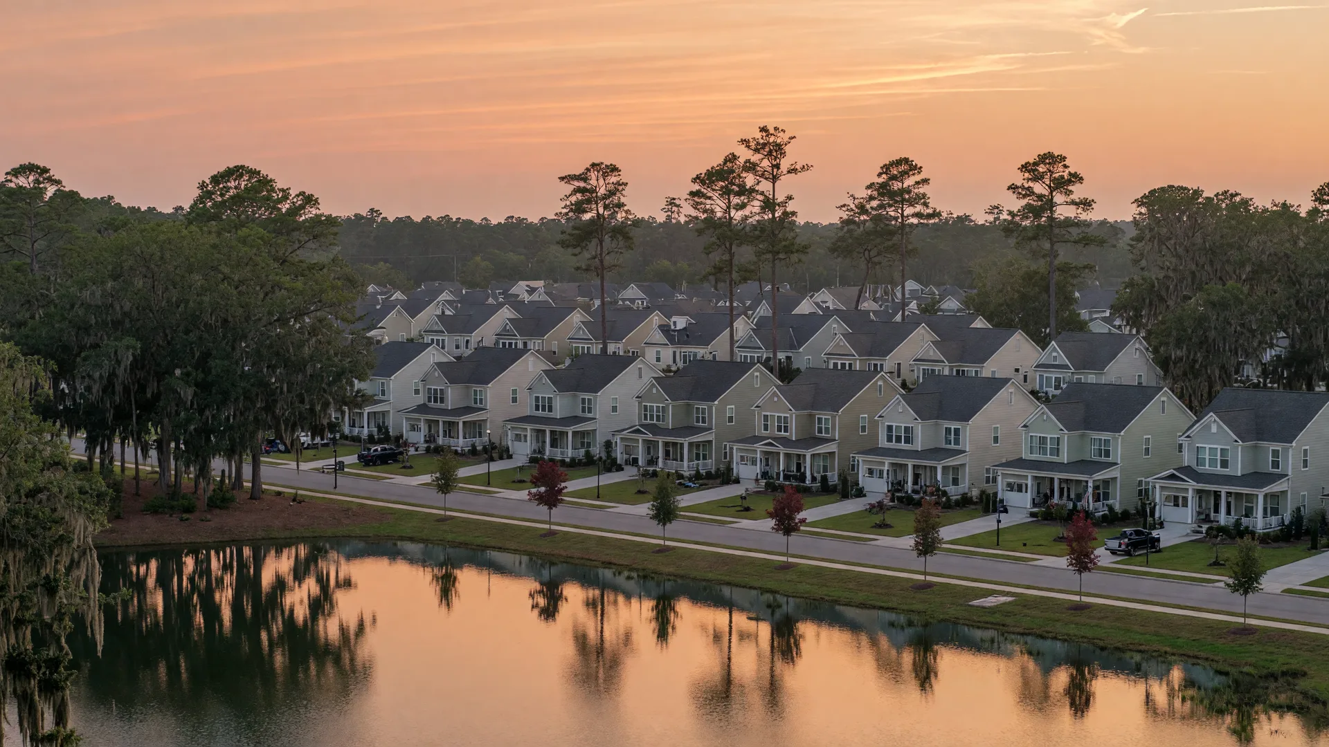New porch-front homes in a Berkeley County master-planned community at golden hour, set among live oaks and pines beside a still lake