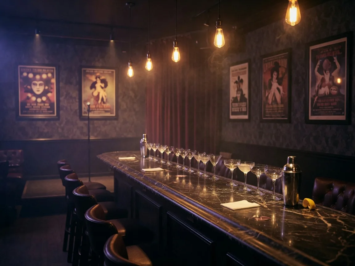 A moody speakeasy bar interior with amber Edison bulbs and a dark marble bar