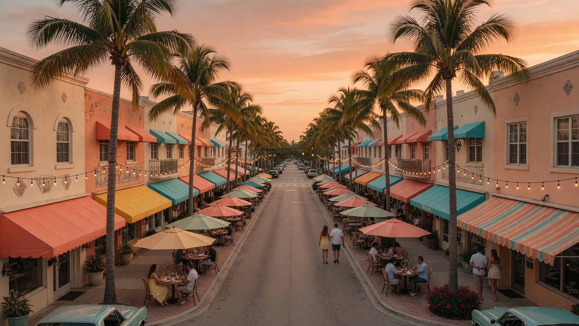 Downtown Delray Beach at golden hour with string lights glowing over Mediterranean storefronts, palm trees, and sidewalk cafes along Atlantic Avenue