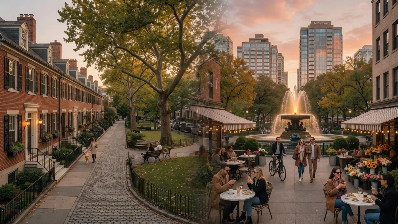 Split view comparison showing quiet Fitler Square townhomes on left and bustling Rittenhouse Square fountain on right