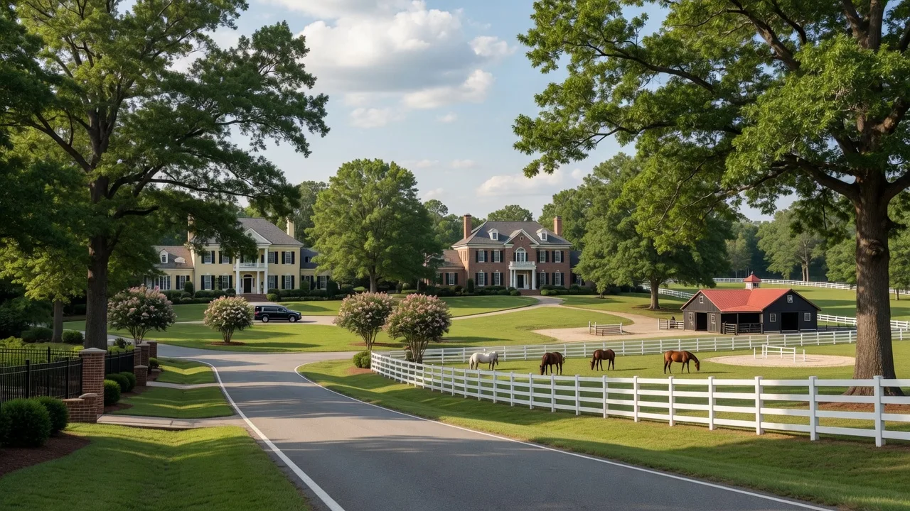 Weddington NC estate homes and horse farm with white fences