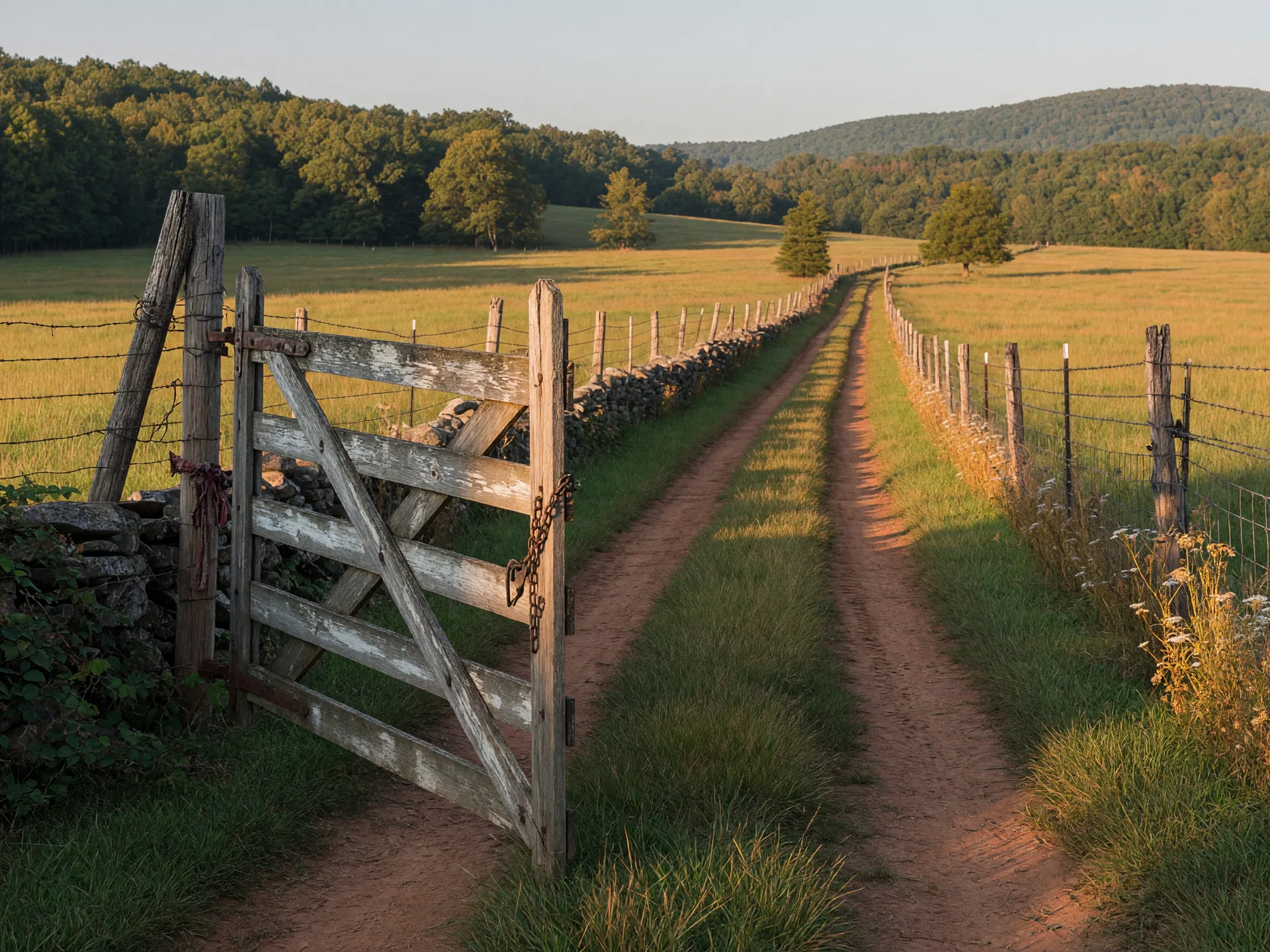 Weather-worn farm gate swung open onto a long North Georgia pasture lane