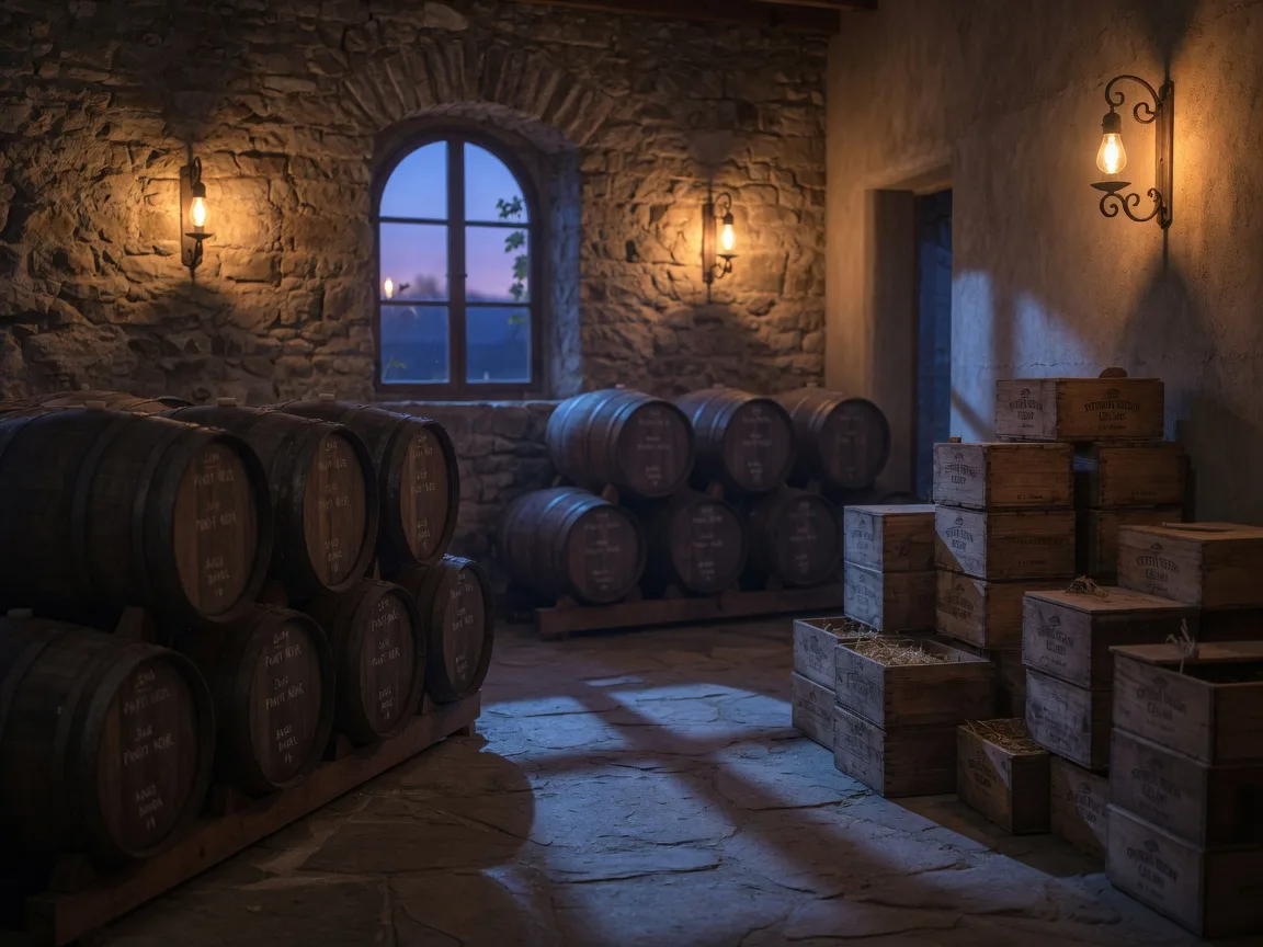 Oak wine barrels in a rustic Southern Oregon cellar glowing under warm lamplight