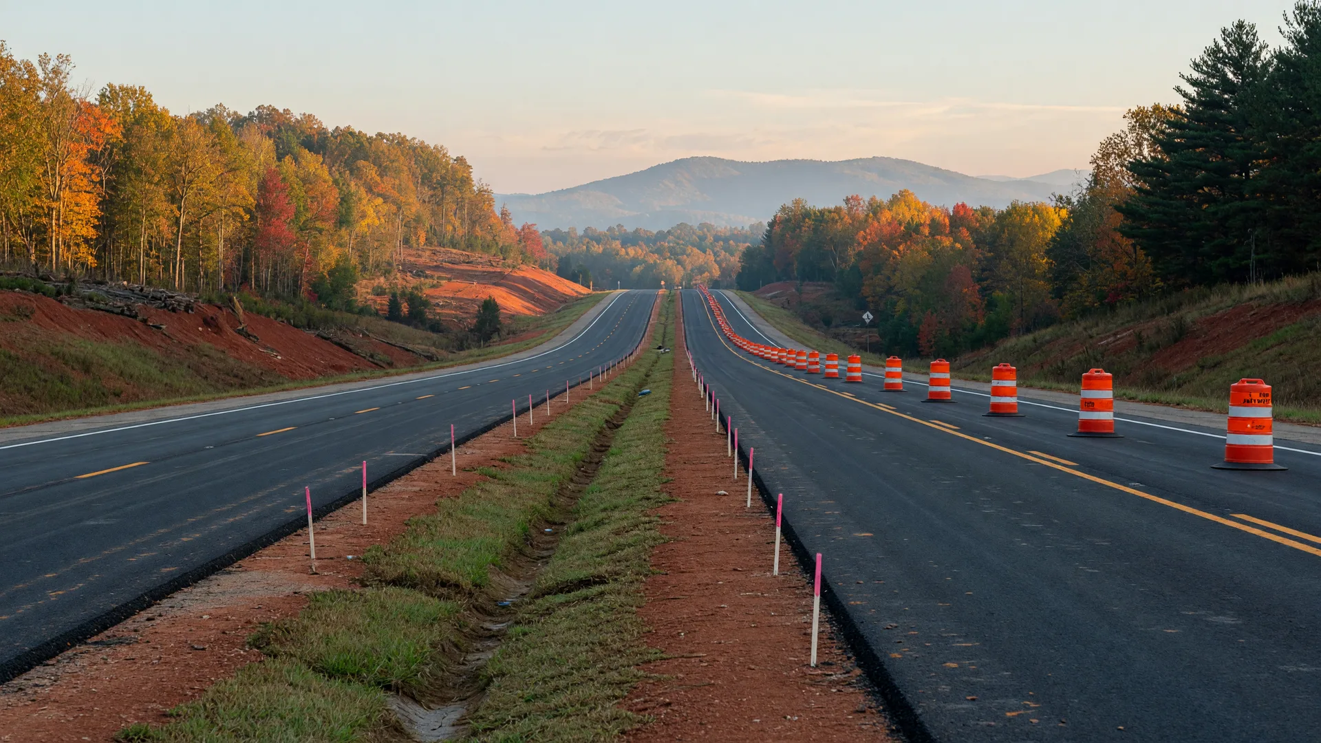 Newly widened Highway 20 running through North Georgia foothills with orange construction barrels beside the red clay shoulder in autumn morning light