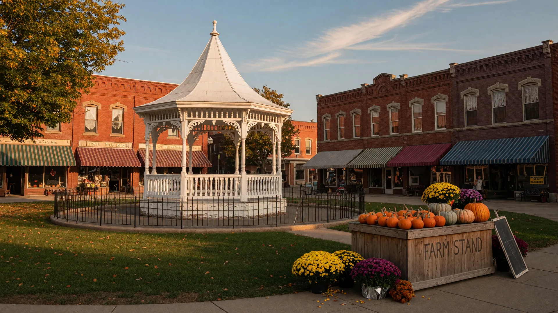 Medina's historic Public Square with white gazebo and early-fall market stalls in golden September light