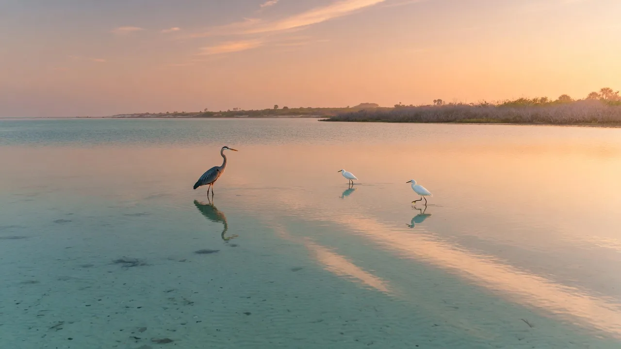 A calm Laguna Madre lagoon with shallow turquoise water and wading birds