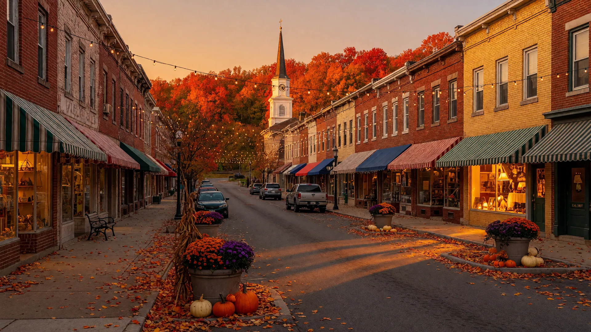 Pennsylvania downtown main street on a late October evening with brick storefronts, awnings, string lights, and autumn planters, representing community news in the Lehigh Valley