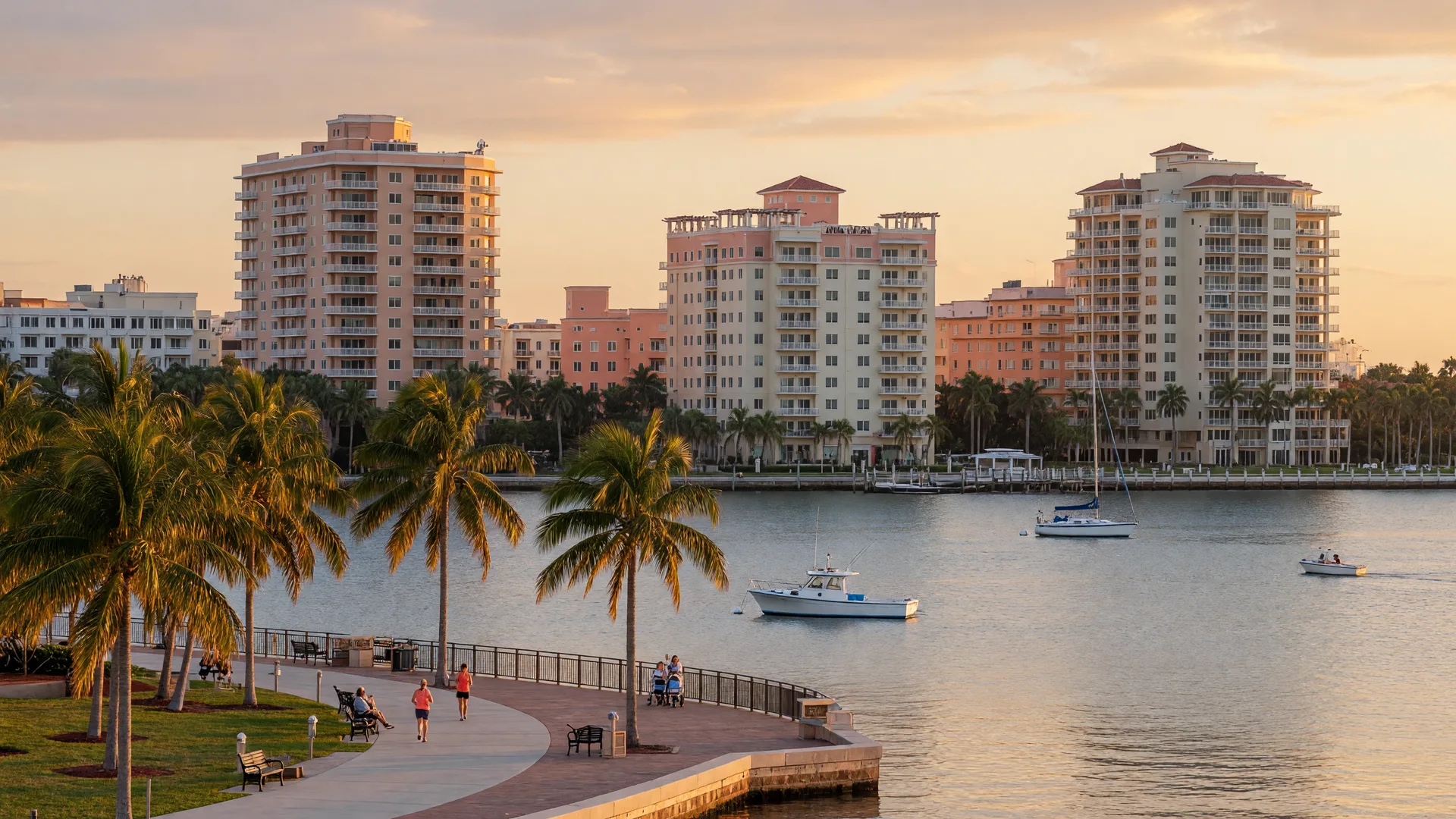 Downtown Sarasota's waterfront skyline at golden hour across Sarasota Bay, with a palm-lined bayfront promenade and small boats in the foreground