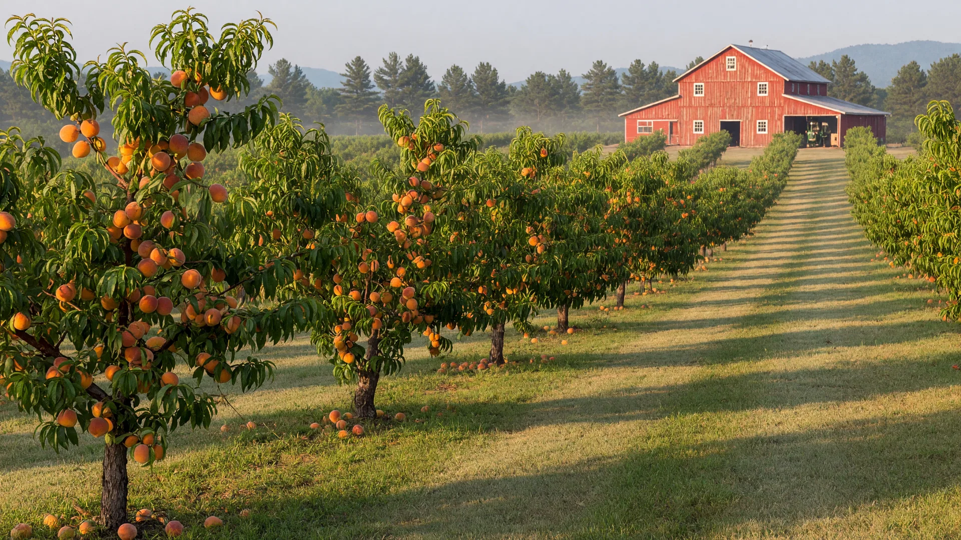 Rows of peach trees heavy with fruit in an orchard in Peach County, Georgia