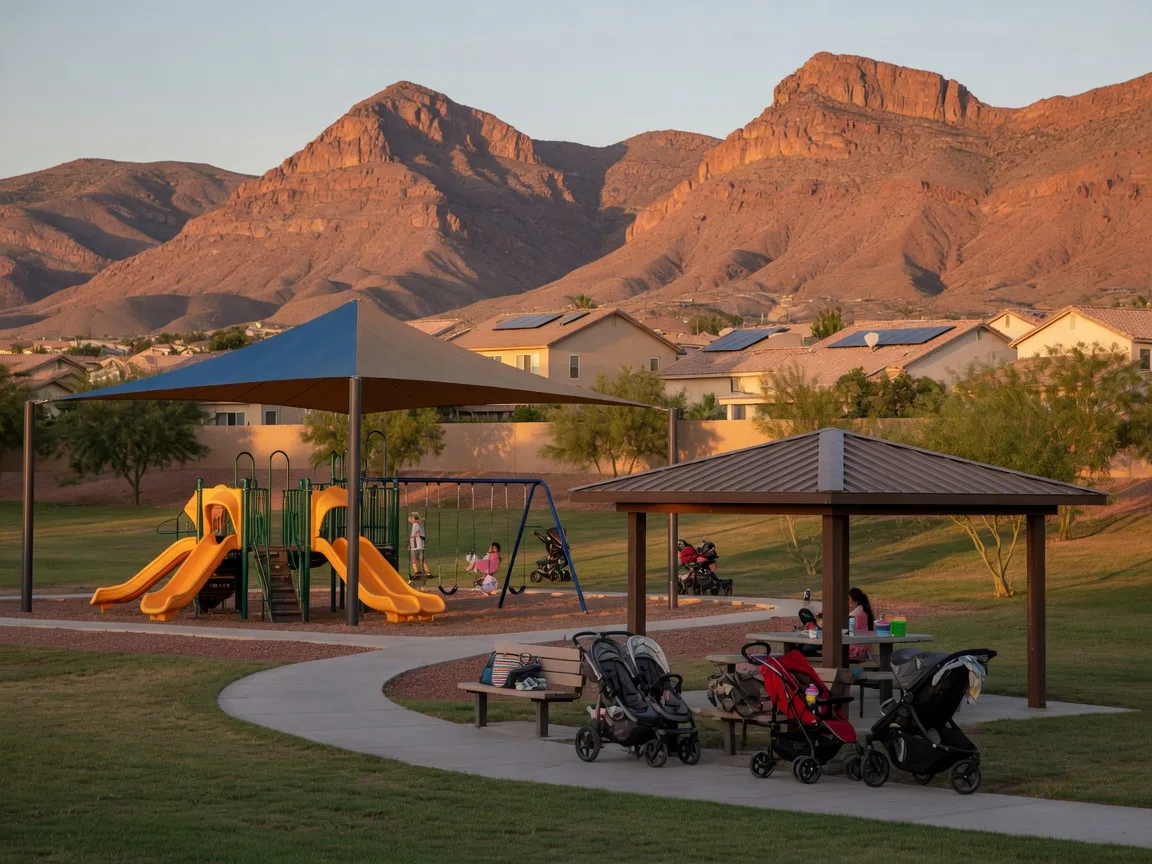 Family playground and walking paths at a Mountain's Edge desert community park with red rock mountains behind