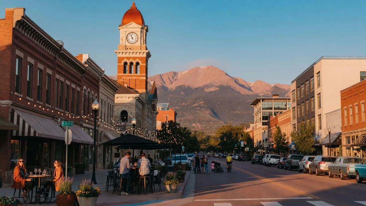 Downtown Colorado Springs at golden hour looking north along Tejon Street with Pikes Peak in the distance
