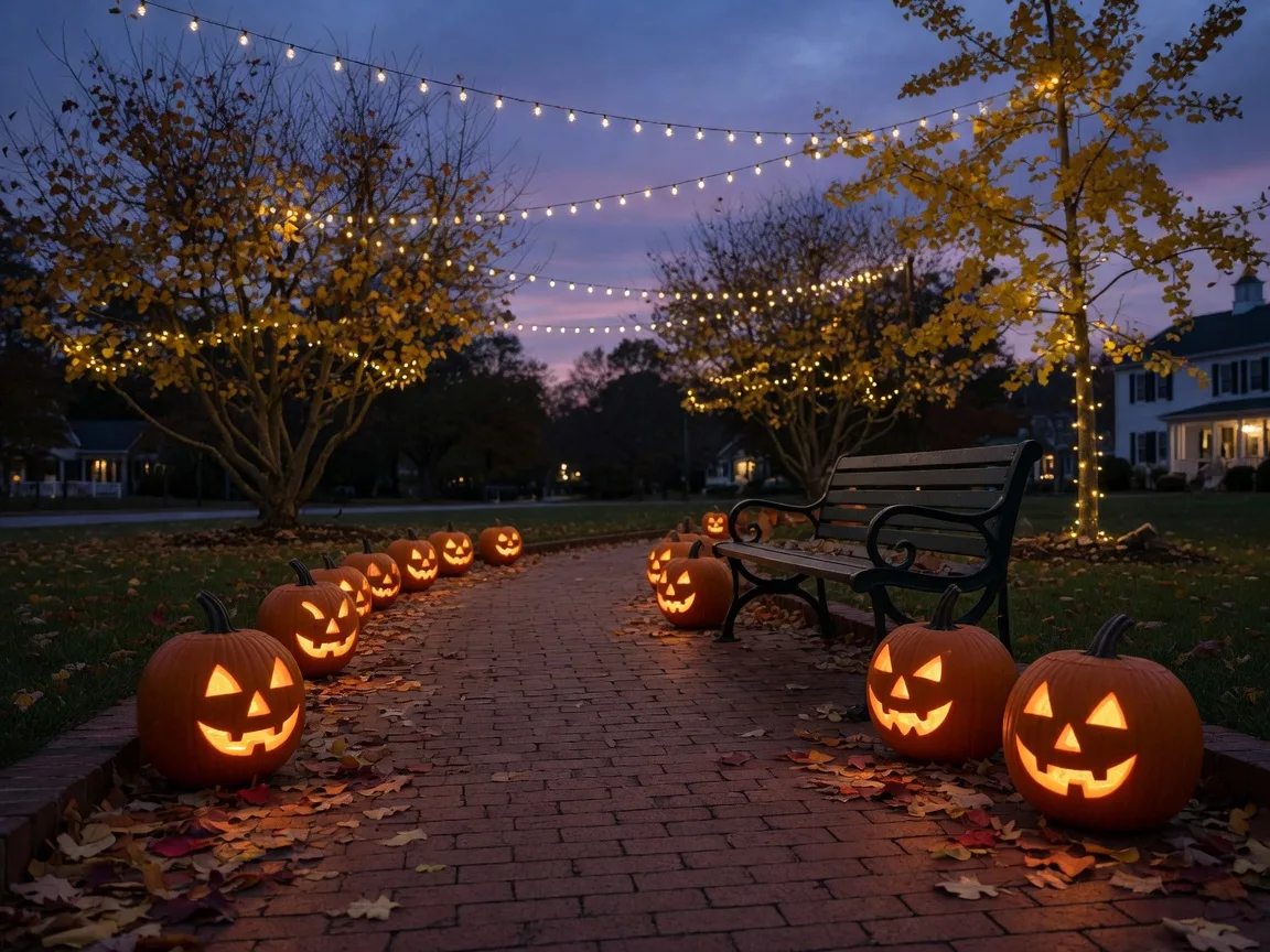 Glowing carved jack-o'-lanterns lining a brick pathway in a NC village green at dusk, with string lights overhead