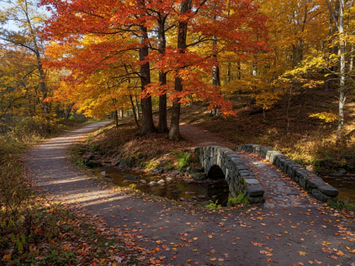 Pack-dirt woodland trail beside a clear creek in peak fall color, with a small stone bridge and gold and orange leaves