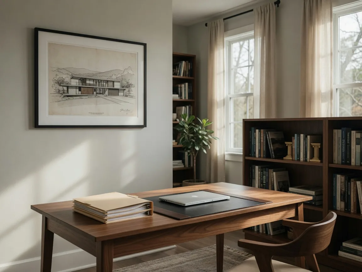 Bright sophisticated home office in a luxury Knoxville home with a walnut desk, documents, and soft daylight