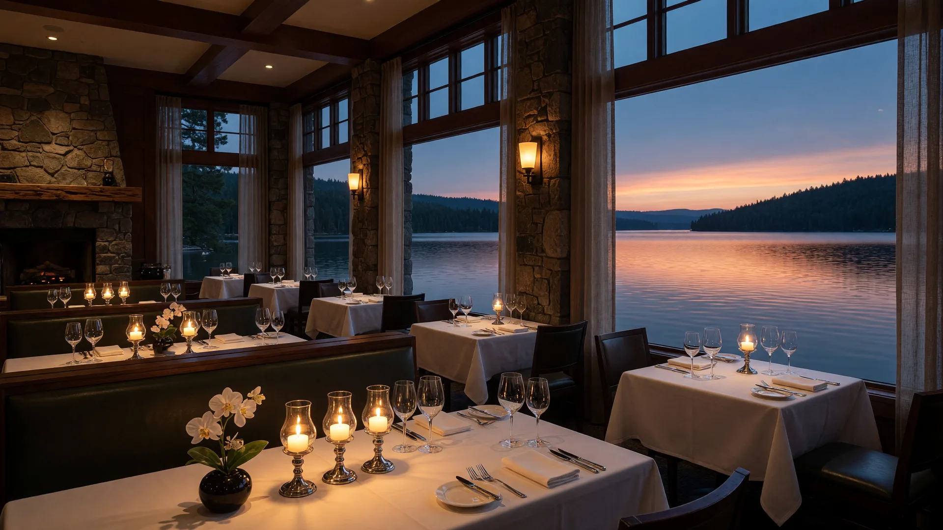Elegant fine-dining room at Sidney's Restaurant at Lanier Islands with candlelit tables and panoramic Lake Lanier views at dusk