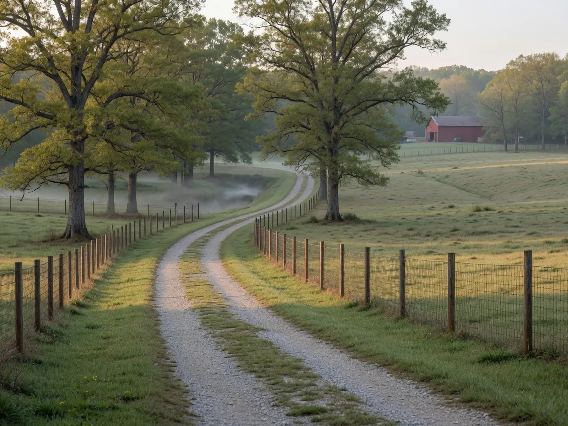 Grass and gravel private drive lined with oak trees on a North Georgia pasture
