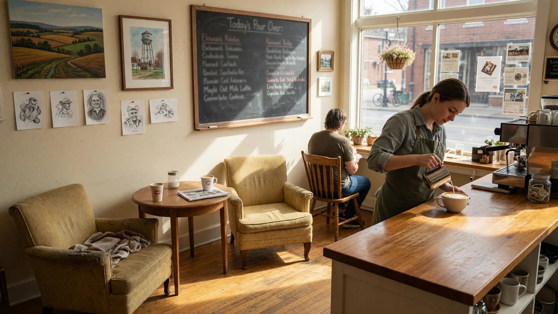 A warm small-town coffee shop interior in Wilmington with a barista pouring latte art, cozy armchair seating, a chalkboard menu, and soft golden sunlight streaming through the front window