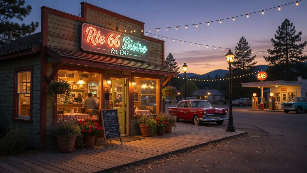 The main street of a small Route 66 town at dusk with warm light on historic storefronts