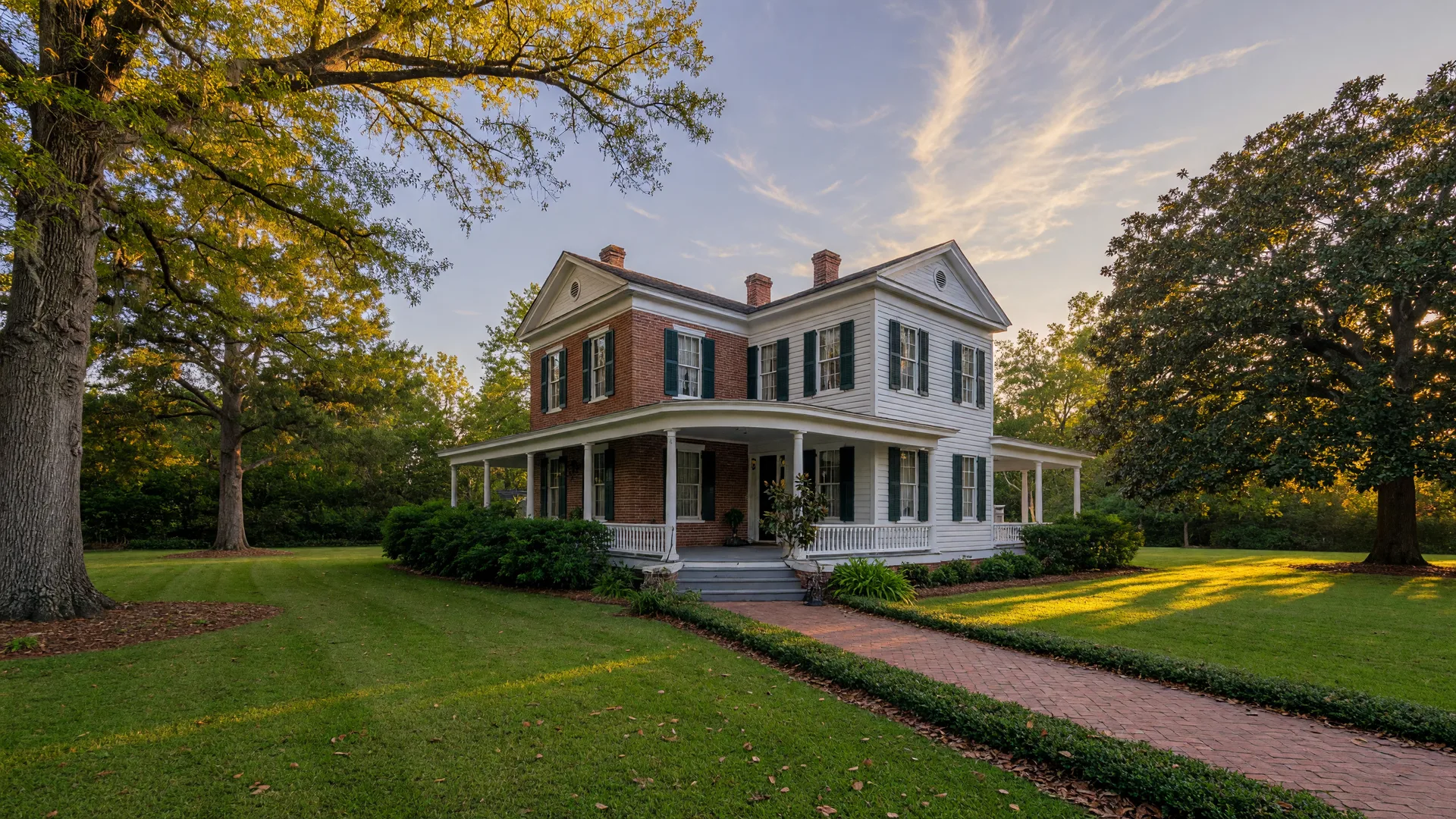 Classic historic Southern home with a wraparound porch and white columns surrounded by mature oak trees