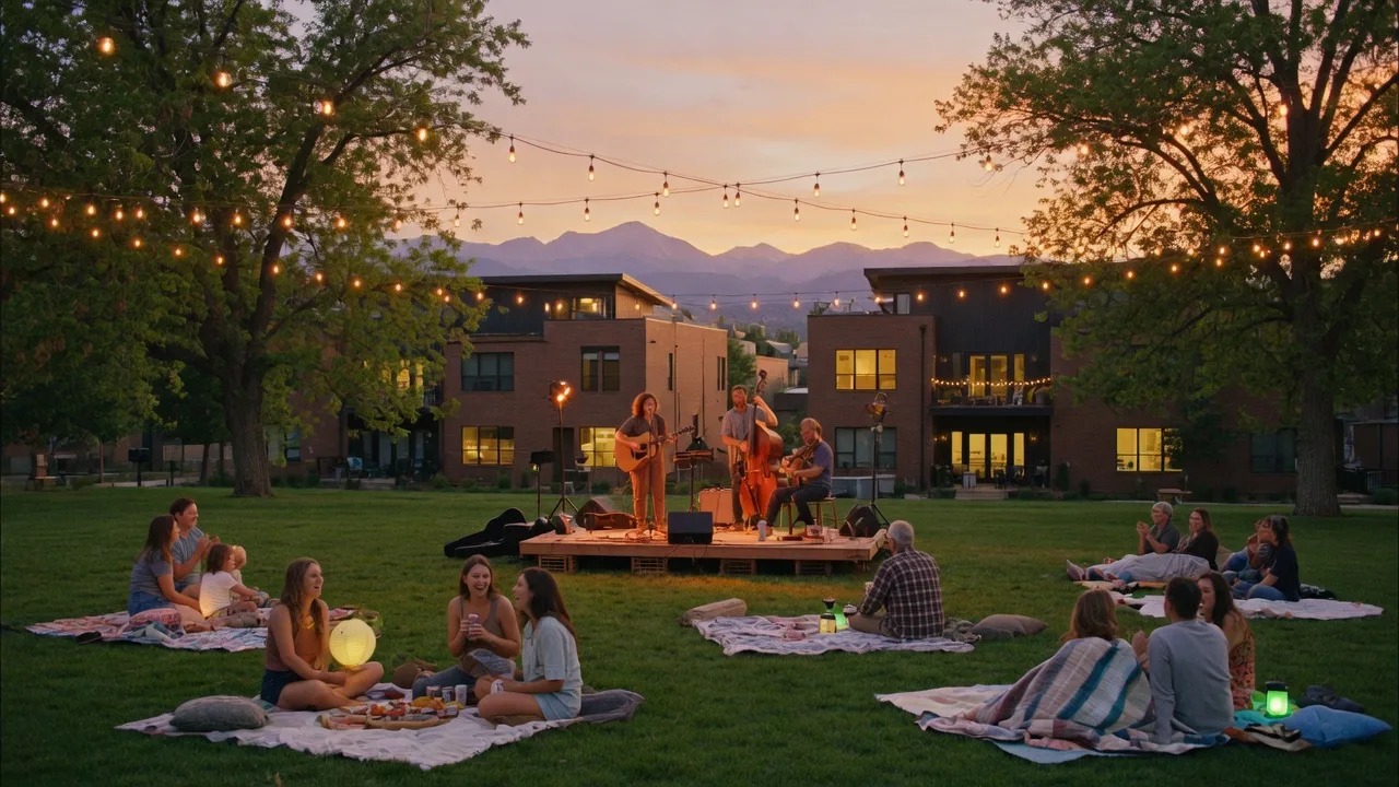 Evening concert in a Longmont park with string lights and neighbors on the lawn