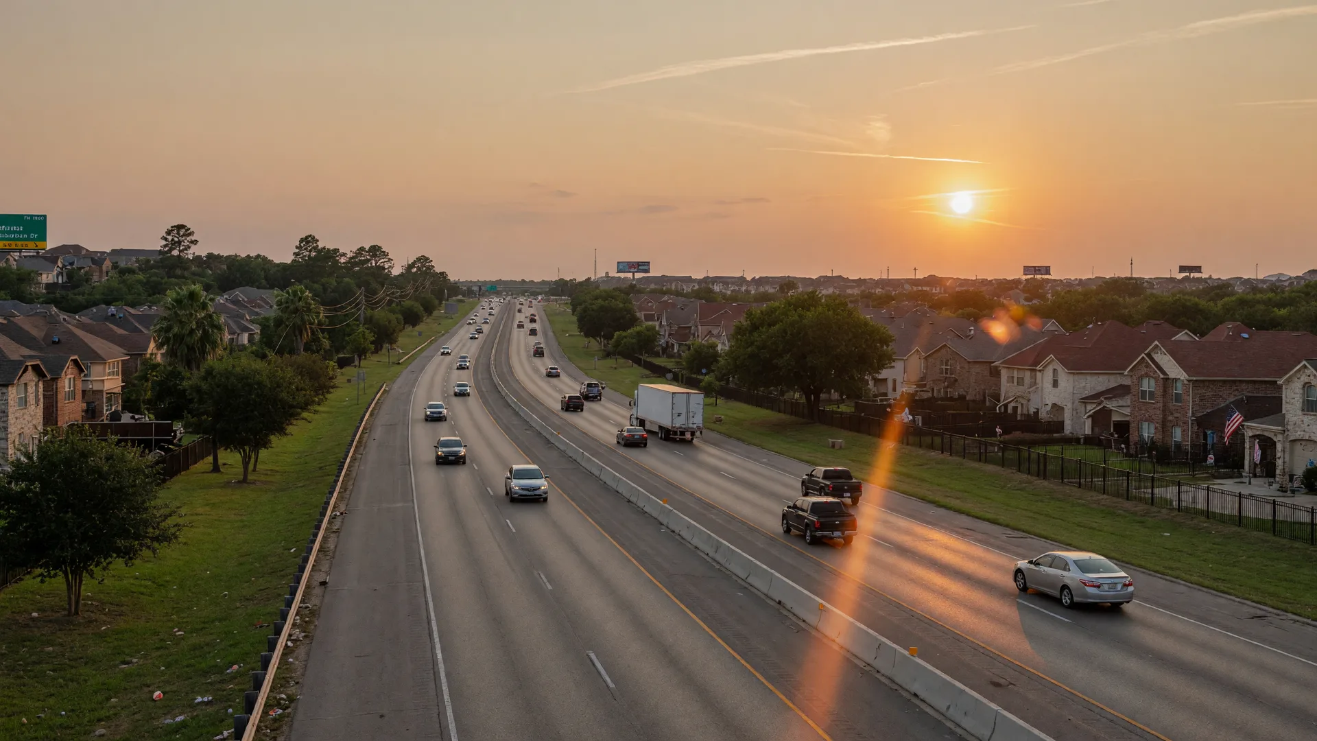 Golden-hour view of an eastbound Texas interstate with light evening traffic near Fulshear