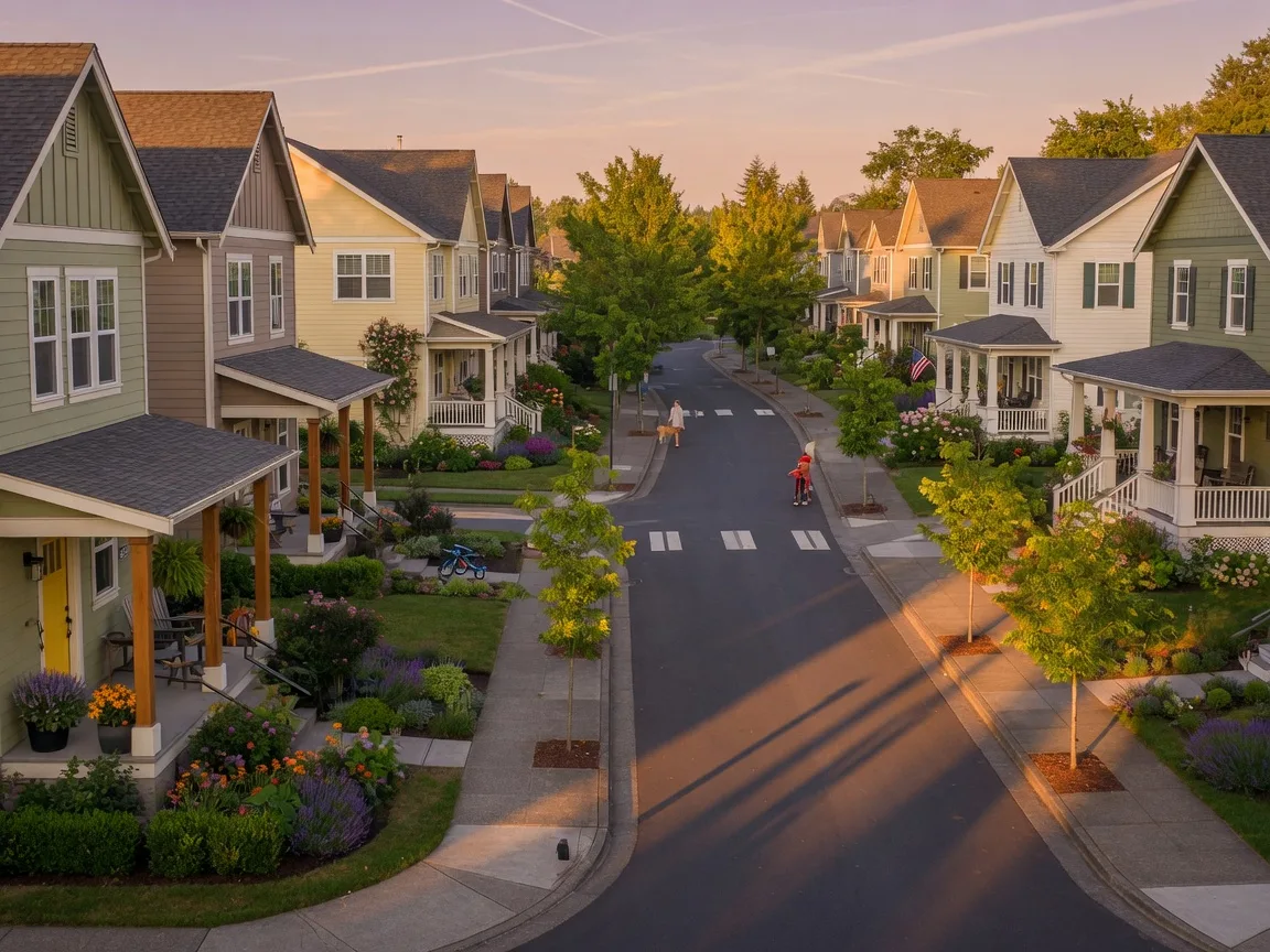 A tree-lined residential street in Wilsonville's Villebois neighborhood with New Urbanist homes and front porches at golden hour