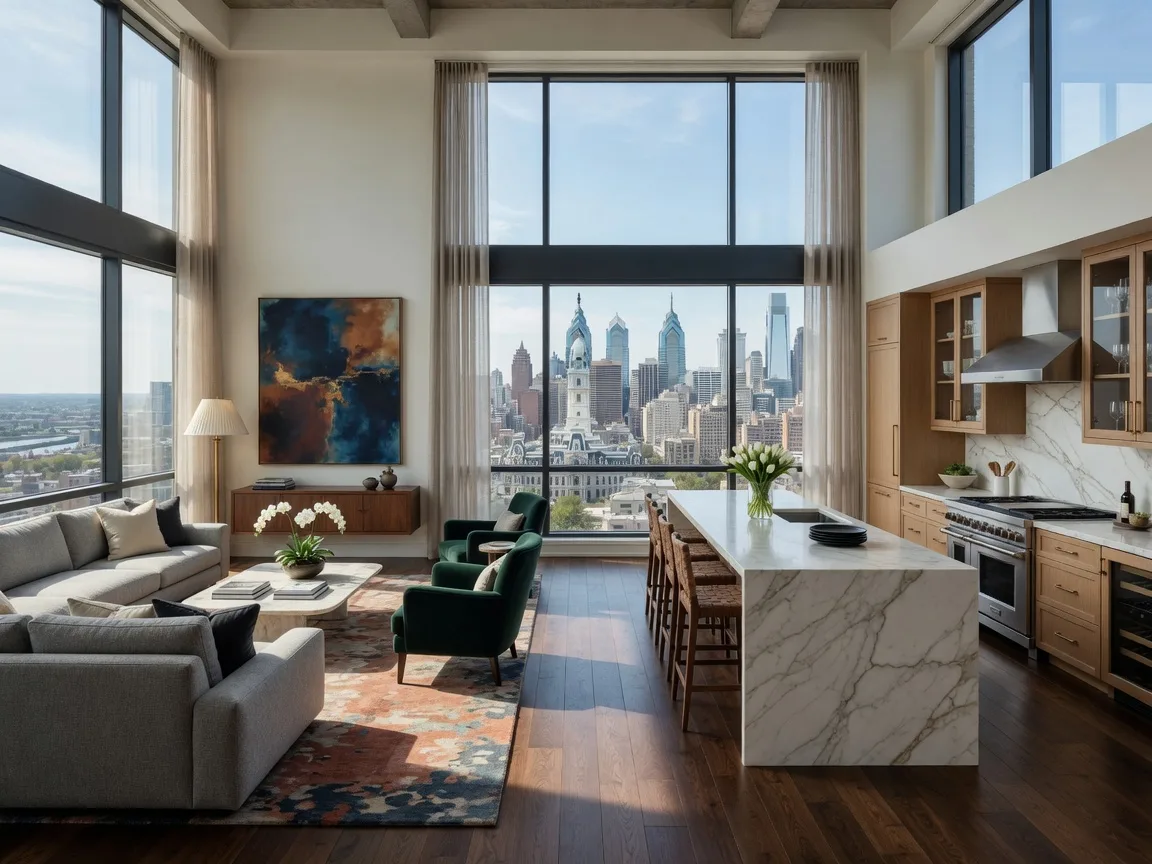 Penthouse luxury condo interior with panoramic city views in Rittenhouse Square