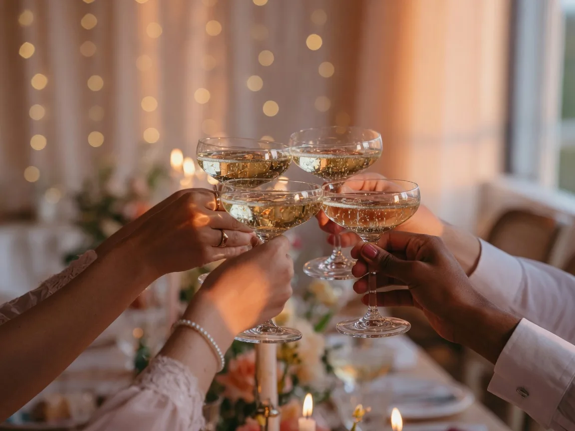 Hands raising champagne glasses in a golden toast at a wedding