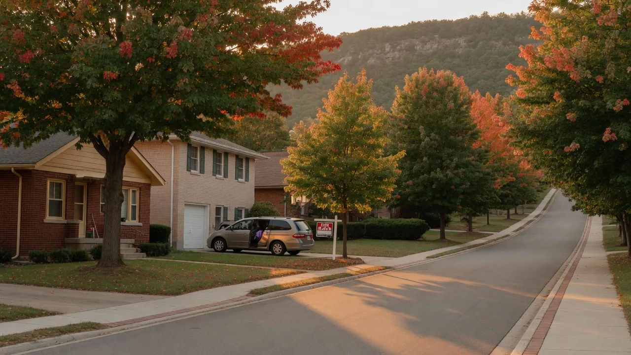 Residential street on the Hamilton Mountain escarpment in early autumn with warm golden hour light and changing leaves
