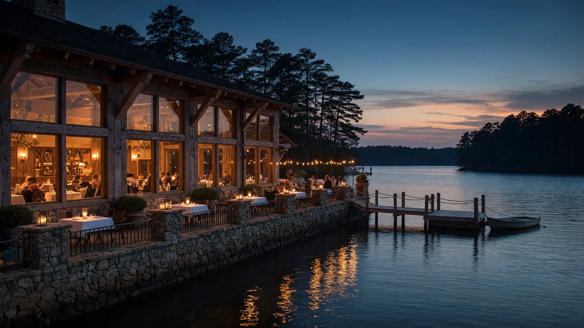 Sidney's Restaurant at Lanier Islands Resort in Buford Georgia at dusk, warm glowing windows and a candlelit terrace reflected in the calm water of Lake Lanier