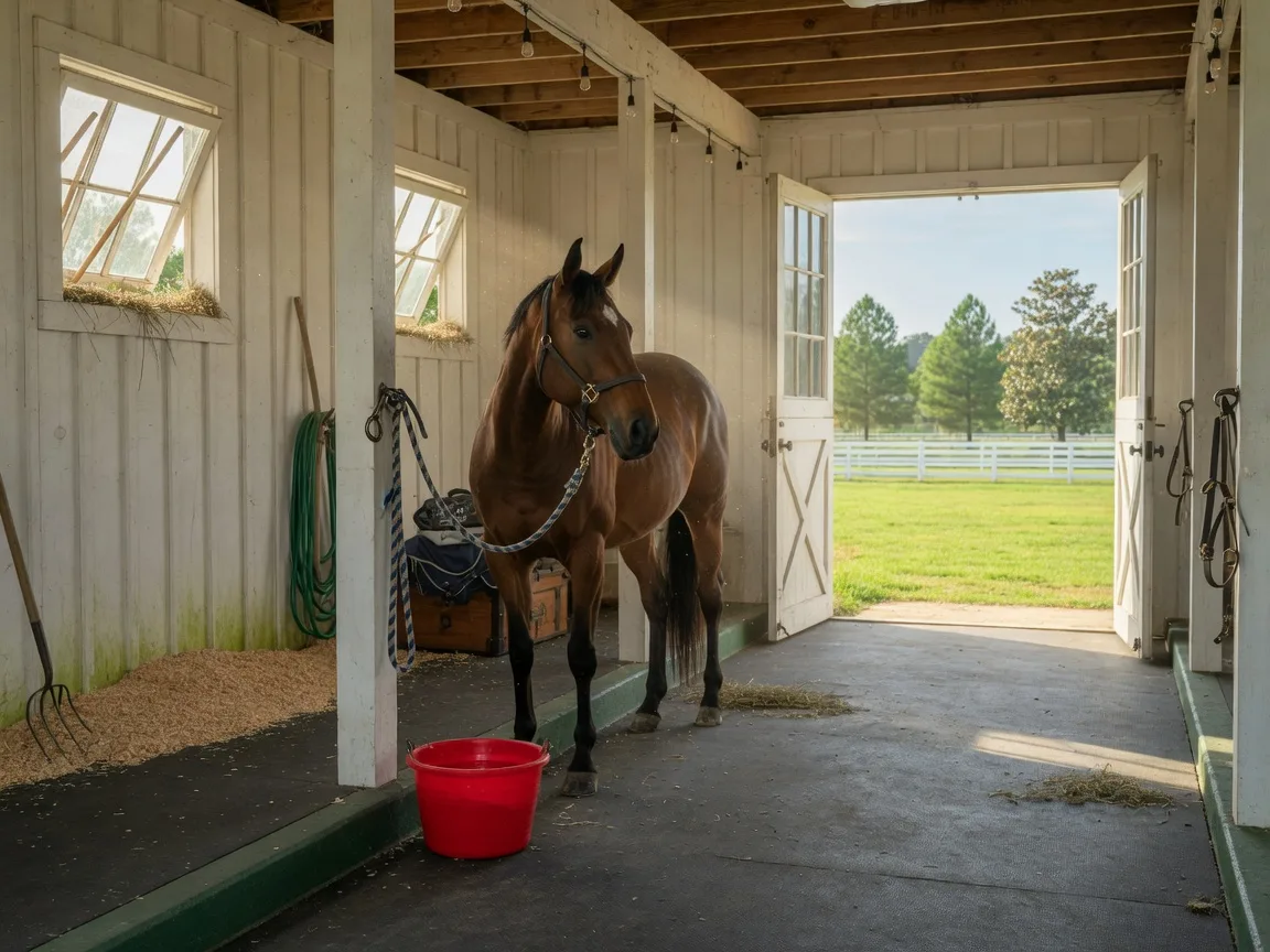 A bay horse standing crosstied in a bright, airy Southern barn aisle with rubber matting, a fresh water bucket, and green paddocks visible through the open doors