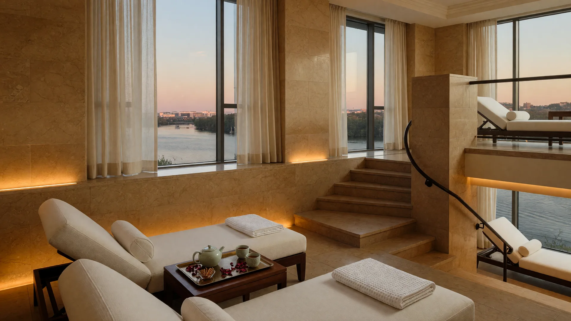A serene luxury spa tea lounge in warm honey-toned stone, floor-to-ceiling windows overlooking the Potomac River, cream chaise lounges with folded white towels, and amber cove lighting