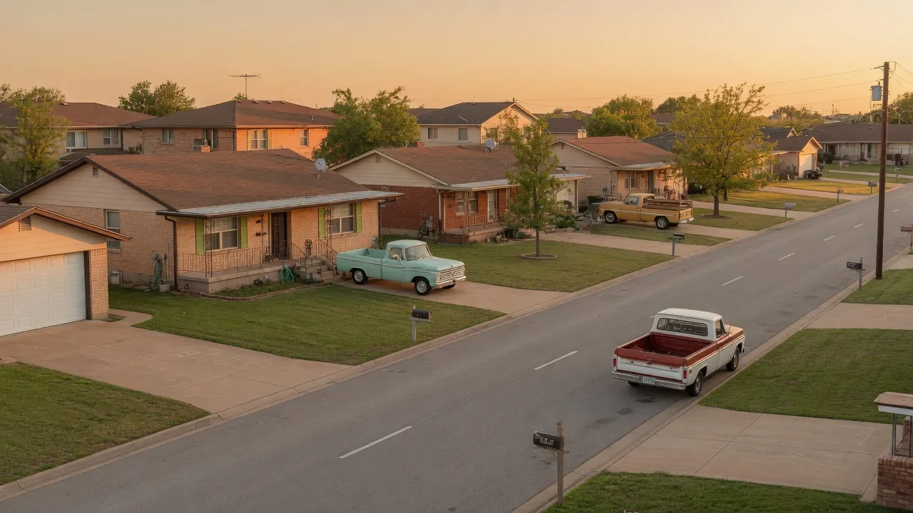 A growing Texas suburb of new brick and stone homes with wide streets and young trees at late afternoon near Cibolo, in the San Antonio home inspection service area of Rodeo Home Inspections