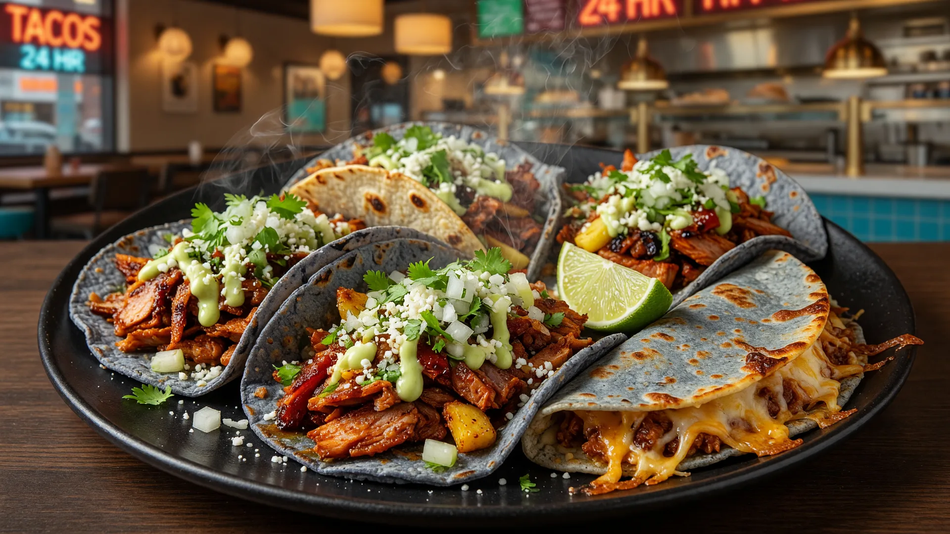 A spread of Los Angeles-style street tacos on rustic blue-corn tortillas with al pastor pork, onion, cilantro, crema, and cotija at Villa's Tacos