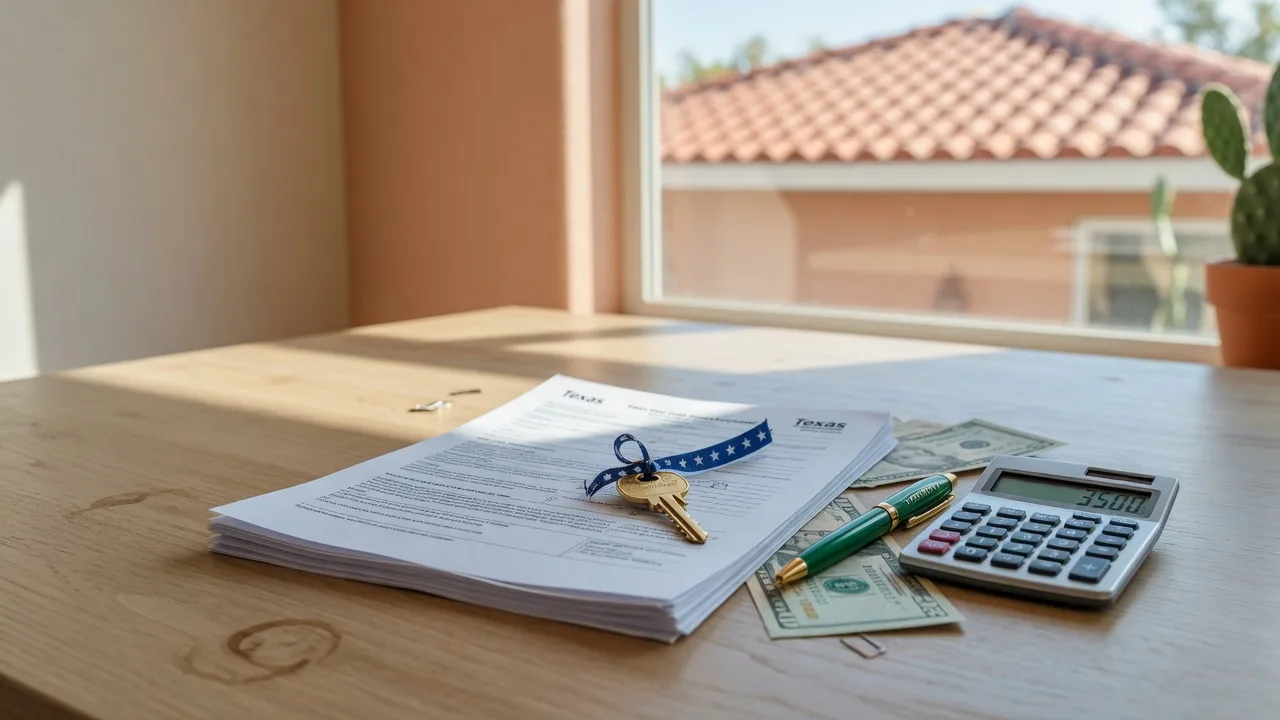 Texas mortgage closing paperwork, a calculator, and a house key on a warm wooden table in natural light