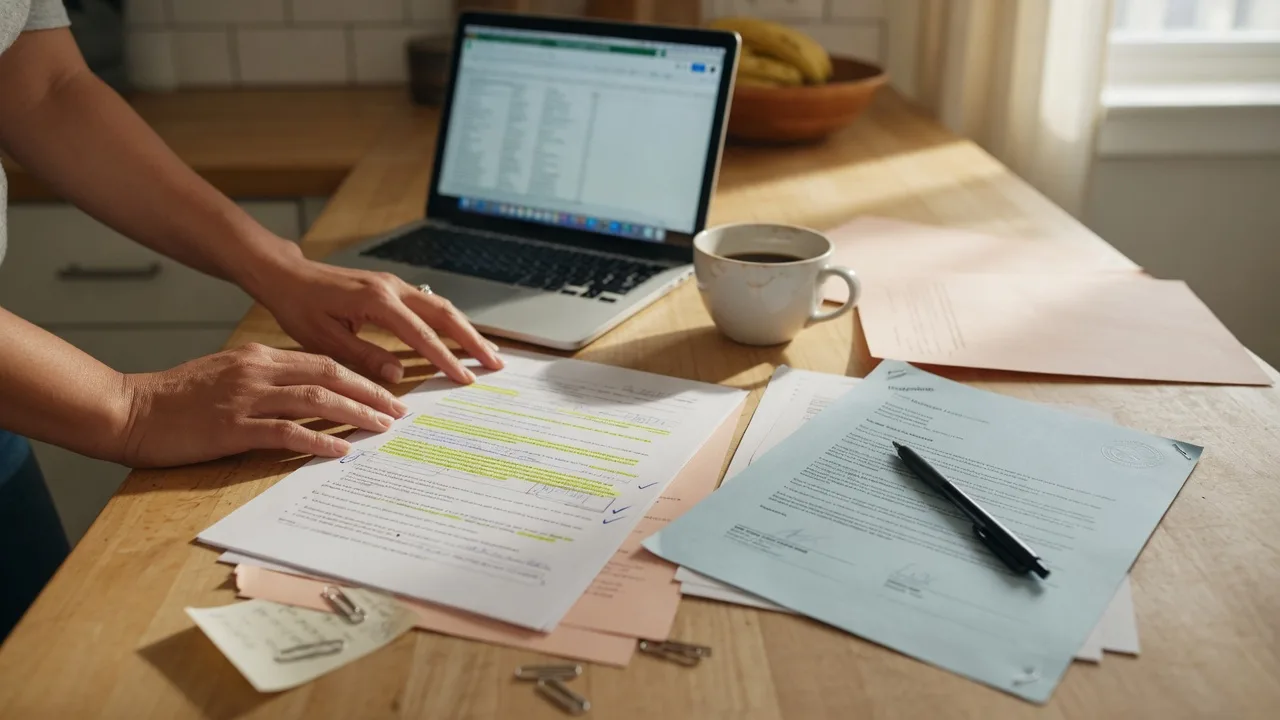 Purchase paperwork and a pre-approval letter on a wooden kitchen island beside a laptop and a pen in morning light