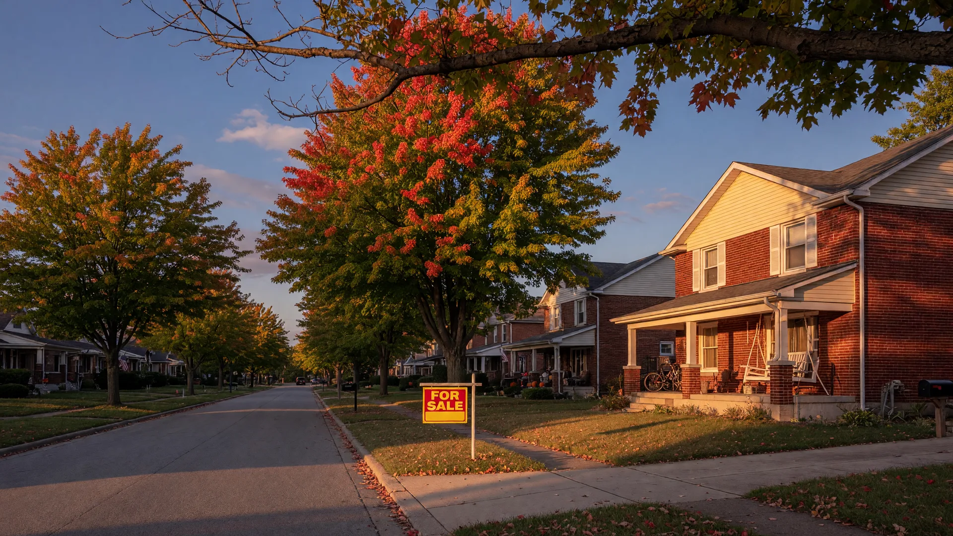 A tree-lined central Indiana suburban street at golden hour in late September with a For Sale sign in a front yard and early autumn color on the maples